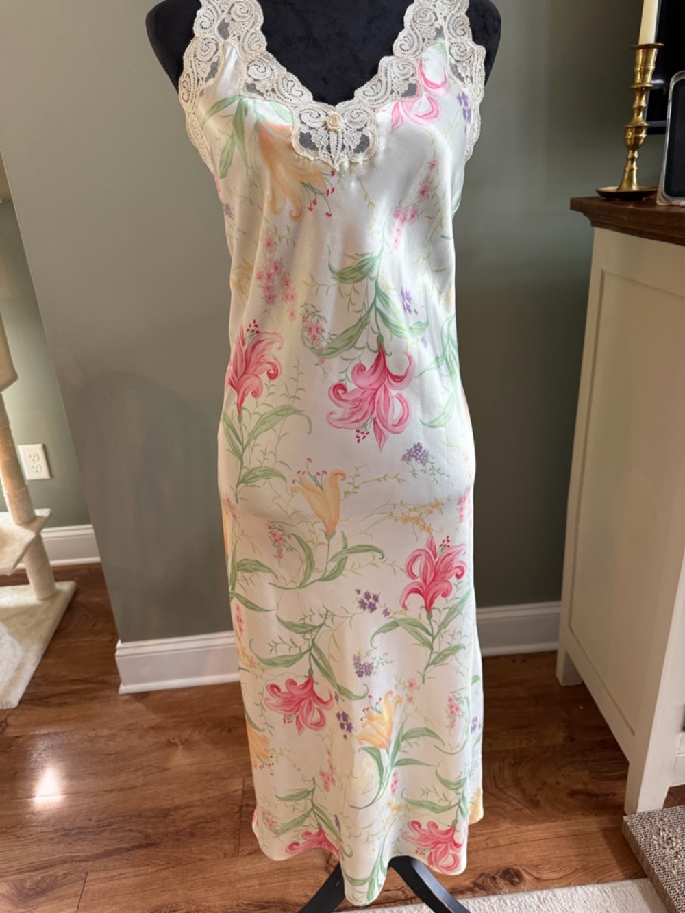 Floral Satin Slip Dress with Lace Trim - Pastel Floral